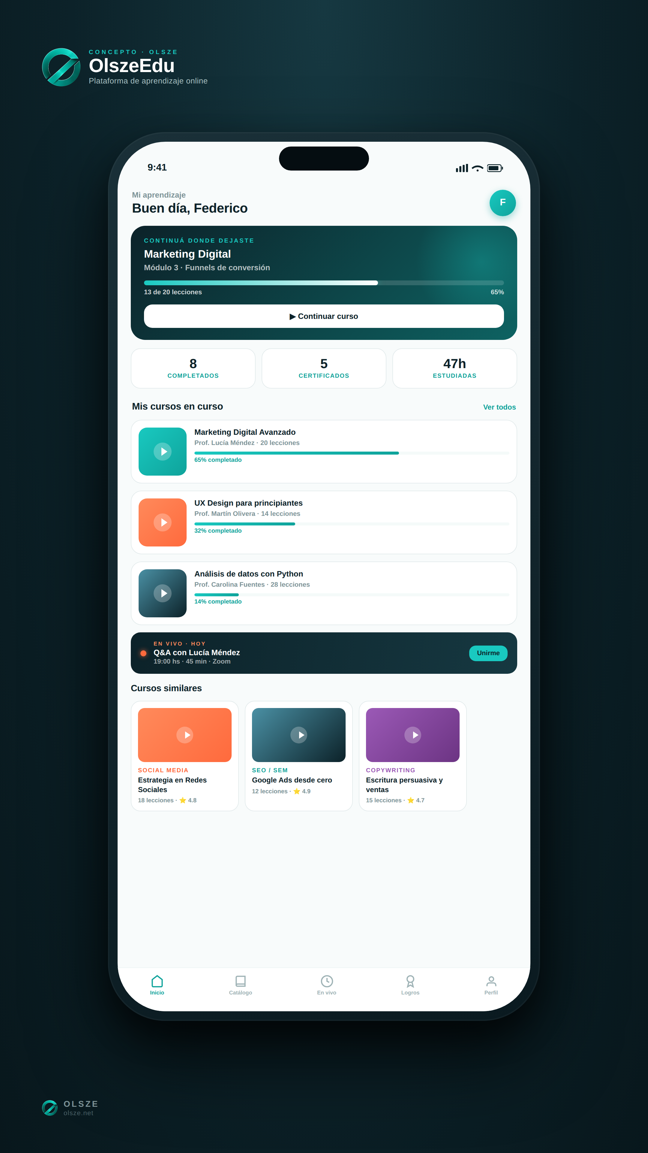 Plataforma de cursos con video, clases en vivo y certificados